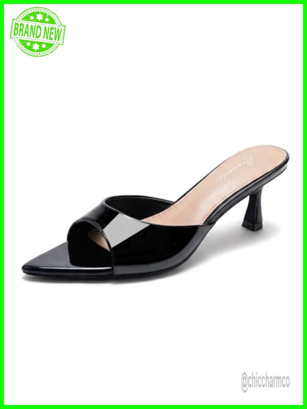 Women's Kitten Heel Slide Sandals Faux Leather Pointed Open Toe Mule